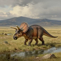 a pack of triceratopse are crossing american plains with a small riverbed, mountaineous background, cloudy day, highly detailed, digital art, by greg rutkowski, by albert bierstadt