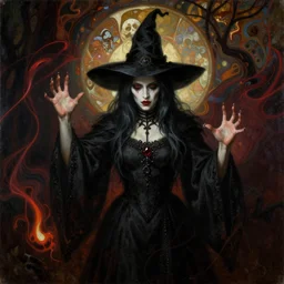 portrait painting of a pale faced witch, casting evil death spells, reaction diffusion, nekro borja, gerald brom, rembrandt, alphonse mucha, peter mohrbacher