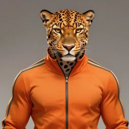 a award winning commission portrait of a fit anthro leopard wearing an orange tracksuit,digital art,art by greg rutkowski,character design by charles bowater,detailed face,hyperdetailed,photorealistic,artstation,deviantart,4k,western comic art,sharp,high definition