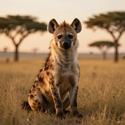 anthropomorphic hyena fursona sitting in between the grass in savannah lit by the sunset, furry art, trending on artstation