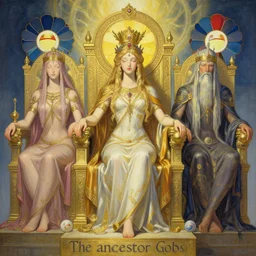 A very detailed aesthetic mythical greec painting titled 'The ancestor Gods' description 'Hera and Zeus sitting in their thrones' by Takashi Murakami and Wayne Barlowe, Trending on cgsociety artstation, establishing shot, 8k, masterpiece, highly detailed.