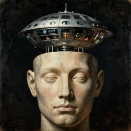 dream bot mothership above a giant forehead. painting by bosch, walton ford
