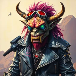 medium portrait of an apocalyptic demonic orcish goblin biker character standing cool dynamic pose, psychedelic vibrant colors, futuristic punk rock fashion, oil painting by michael whelan art, sharp focus, realistic, biker goggles, 8 0 s hair, studded leather jacket, 8 k