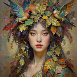 a beautiful girl in intricate detailed color oilpaint, 3 d render, hyper realistic detailed portrait, flocking color leaves, ornate leaves headpiece, birds, elegant, intense colors, ruan jia, wlop. scifi, fantasy, hyper detailed, octane render, concept art, by peter mohrbacher, by alphonse mucha, by wlop, by ruan jia