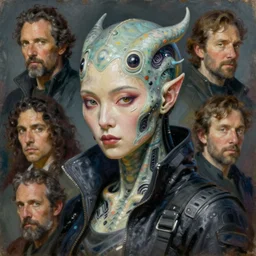 cinematic bust portrait of a japanese female cyberpunk hacker, head and chest only, exotic alien features, Tim Hildebrandt, Wayne Barlowe, Bruce Pennington, donato giancola, larry elmore, oil on canvas, masterpiece, trending on artstation, featured on pixiv, cinematic composition, dramatic pose, beautiful lighting, sharp, details, hyper-detailed, HD, HDR, 4K, 8K