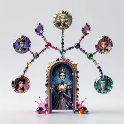 a improbability tree made of gemstones has an intriguing door 🚪 portal, forming epic portrait of a queen, tim burton matte painting comic book art, realistic, trending on artstation hq, highly detailed, octane render, unreal engine, splashes of color philosophical glow