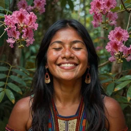 a beautiful portrait of a smiling indigenous woman with eyes closed in the amazon jungle surrounded by pink calliandra angustifolia flowers, matte painting, by christophe vacher