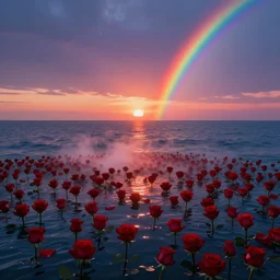 a very beautiful picture, a panoramic view of some roses floating on the sea, sea level, endless sea, horizon, red roses, sunset, sunset light, romance, dreams, smoke, rainbow, a rainbow, greg letko's night, floating red roses on the sea, art station trend, light effect, starlight, ue 4, hd, auv