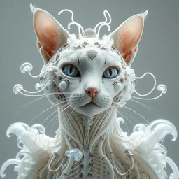 baroque, cat by iris van herpen, inflateble shapes, wires, tubes, veins, jellyfish, white biomechanical details, epic bionic cyborg implants, masterpiece, intricate, biopunk, vogue, highly detailed, artstation, concept art, cyberpunk, octane render