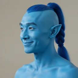 film still of a blue man looking sideways with [ [ blue ] ] [ skin ] and elegant smiling chiseled jaw, blue skin, elf ears, a singular long blue braided ponytail flowing with the wind, blue hair is cropped on the sides of the ears, skin is blue, [ white ] [ background ], background is white 8 k, 8 5 mm f 1. 8