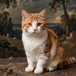 “orange and white cat covered in colorful stickers, William Godward vintage poster”
