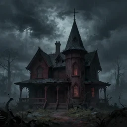 landscape matte painting showing a demonic house during a storm