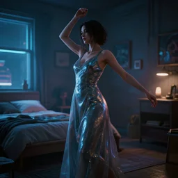 photo of a lonely woman wearing a gown dancing in her bedroom during the night, cyberpunk, neon, very detailed, soft lights, depth of field, unreal engine 5, heavy grain, detailed face
