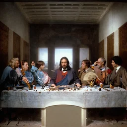 the last supper enacted in the godfather movie, jesus wearing suit in the middle next to marlon brando