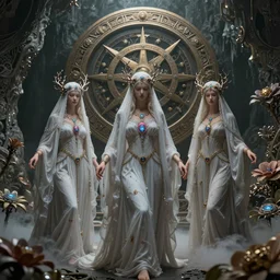 The three moiras, dressed in robes of veils and clouds with intricate jewels and intricate branches with a biocomputer heart, on an epic intricate oroboros, behind a large and detailed sculpted astrolabe, inside a cave with  biomechanical flowers, dramatic atmosphere, Diffused lighting, highly detailed digital art, trending on artstation, depth of field