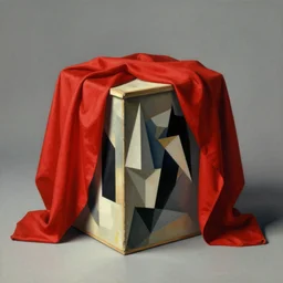 a 1 9 7 0 s surrealist color photograph of a photo studio box with a red cloth draped over it, ultrafine, by kay sage, behance, cubism, cubism, angular, vray tracing