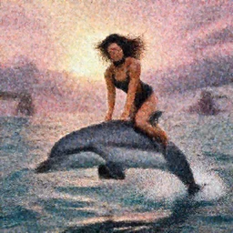 epic portrait of six-pack muscled Mila Kunis wearing black choker riding a dolphin jumping from the water, sun rays across sky, pink golden hour, stormy coast, intricate, highly detailed, shallow depth of field, tentacles in the distance, epic vista, Ralph Horsley, Daniel F. Gerhartz, Artgerm, Boris Villajo, Lilia Alvarado