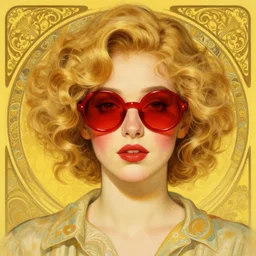 a cinematic portrait scene alia shawkat with blonde curly hair, red cheeks, and big round red sunglasses, yellow background, intricate, elegant, highly detailed, digital painting, artstation, concept art, smooth, sharp focus, illustration, art by artgerm and greg rutkowski and alphonse mucha