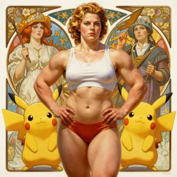 socialist realism propaganda poster painting of thick female bodybuilder zarya from overwatch as pikachu, socialist realism, highly detailed, intricate, digital painting, artstation, sharp focus, illustration, art by jakub rozalski, greg rutkowski, artgerm, tan zi and ayanamikodon and alphonse mucha and wlop