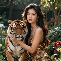 asian woman in her garden with her pet tiger