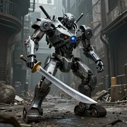 a mech like robot with treads swinging a samurai sword. Grungy cyberpunk alleyways in the background Badass pose , Photo realistic , Gregory Crewdson , Award winning. Masterpiece, exquisite detail, post processing