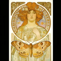 an art nouveau poster design of a portait of an asian girl, a big symmetrical moth is in the lower part of the poster, surrounded by inticate ornaments, by alphonse mucha, gustav klimt and ernst haeckel,