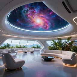 ultra modern concept design of a vast spaceship interior, futuristic chairs and sofas can be seen in the foreground, a large colorful nebula can be seen from a window, large plants in the background, in the style of Guardians of the Galaxy and Blade Runner and Ruan Jia, wide angle shot C 7.5
