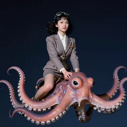 ektachrome, 3 5 mm, highly detailed : incredibly realistic, youthful asian demure, perfect features, feminine cut, riding on a flying octopus in the night sky, beautiful three point perspective extreme closeup 3 / 4 portrait photo in style of chiaroscuro style 1 9 8 0 s frontiers in flight suit cosplay vogue fashion edition,