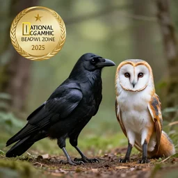 professional photo of a hybrid crow and barn owl and fox, black feathers, national geographic, nature, photo in the forest, studio lighting, very detailed, unreal engine, canon photo, professional lighting, good composition, winning award photo, real hybrid crow and barn owl and fox, hybrid, real,