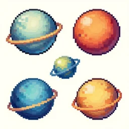 isometric pixel art planets sprite sheet in gouache detailed pixel art rotated left rotated right props stylised,