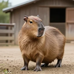 picture of a capybara at a farm, hd, professional photograph, photorealistic, barn in the backround