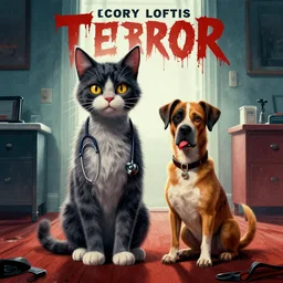 Mr Cat and doctor dog, Terror movie poster, artwork by Cory Loftis