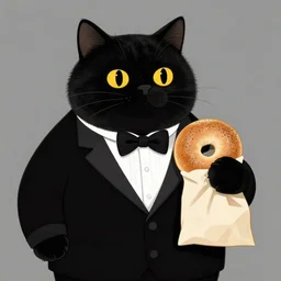 a black fat cat on a tuxedo holding a bagel!, trade offer meme, art by greg rutkowski
