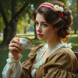 a beautiful close - up portrait painting of a woman sipping tea in a park by francois boucher