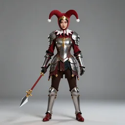 full body photo of a female jester warrior with weapons
