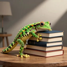 the! geico! gecko on a table, being crushed to death by a stack of books, commercial, studio