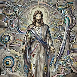 anime style jesus standing between heaven and hell looking badass with a detailed face blue eyes, highly detailed, mega details,