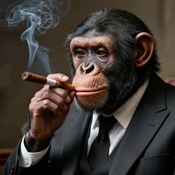 a high detail photo of an antropomorphic chimp wearing a suit smoking a cigarrette, subject= chimp, subject detail: wearing a suit, subject action: smoking a cigar, photorealism, dramatic lighting, award winning photograph, trending on artstation