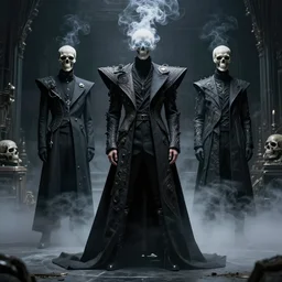 Destiny 2 The Witness, head turning into smoke, smoke turning into skulls, beautiful avant garde fashion look and clothes, we can see them from feet to head, highly detailed and intricate, hypermaximalist, techwear, luxury, elite, cinematic, designer fashion, Rick Owens, Yohji Yamamoto, Y3, ACRNYM, outfit photo, eerie fog, super villain lair interior background