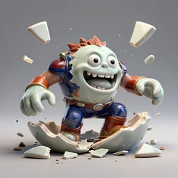 dissection of funny ceramic exploding crash miniature toy Figure monster falling apart 8K, zbrush, c4d, in a Studio hollow, surrounded by flying parts, from avengers, explosion drawing, by wlop, beeple, boldtron