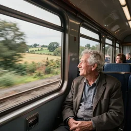 a high quality colour photograph of an old man sat in a railway train, looking wistfully out of the window at the english countryside speeding past, his face bathed in sunlight, candid photo, street photography, photojournalism, 8 k, high resolution, beautiful composition, epic lighting, happy atmosphere