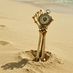 a still from the movie pirates of the carribbean depicting a skeletal arm rising from the sand the hand grasping an ornate compass.