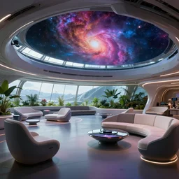 ultra modern concept design of a vast spaceship interior, futuristic chairs and sofas can be seen in the foreground, a large colorful nebula can be seen from a window, large plants in the background, in the style of Guardians of the Galaxy and Blade Runner, wide angle shot, Leica Summicron-T 23 mm f/2 C 7.0