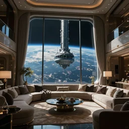 a luxury living quarters living room in the 23rd century with a view of earth from a singular window 10km high in space elevator, low contrast, ivan laliashvili, Studio Ghibli and Shinkai Makoto, D render