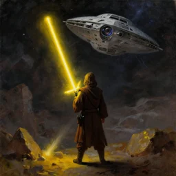 a jedi standing with his yellow lightsaber activated from a distance staring at a falling star destroyer, oil painting