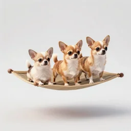 Three chihuahuas on a flying carpet, flying in the sky, looking down on an English town, sunset, golden hour, cinematic lighting, epic scene, digital art painting by simon stalenhag