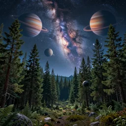 psychedelic, trippy, pine forest, planets, milky way, cartoon by rob gonsalves