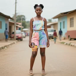 still from music video of a cute xhosa girl from die antwoord standing in a township street, street fashion clothing,! haute couture!, full figure painting by martine johanna, njideka akunyili crosby, rossdraws, pastel color palette, 2 4 mm lens