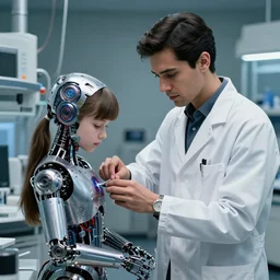 professional shot of a scientist thin latino male in his tech lab, helping a female girl change their cyborg parts. from love death and robots ( 2 0 1 9 ). coherent portrait, intricate, elegant, highly detailed, digital photo, trending on artstation, hdr photo, smooth, sharp focus, art by artgerm and greg rutkowski and alphonse mucha