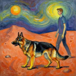 German Shepard on mars walking a human in the style of Kandinsky